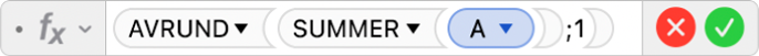 Formelredigeringen viser formelen =AVRUND(SUMMER(A);1).
