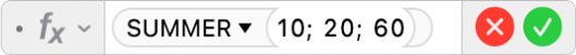 Formelredigeringen viser formelen =SUMMER(10; 20; 60).