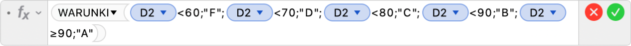 Edytor formuł pokazujący formułę =WARUNKI(D2<60;"F",D2<70;"D";D2<80;"C",D2<90;"B",D2≥90;"A").