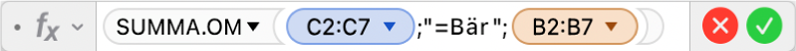 Formelredigeraren som visar formeln =SUMMA.OM(C2:C7;"=Bär";B2:B7).