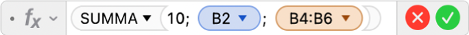 Formelredigeraren som visar formeln =SUMMA(10; B2; B4:B6).