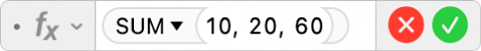 ตัวแก้ไขสูตรที่แสดงสูตร =SUM(10, 20, 60)