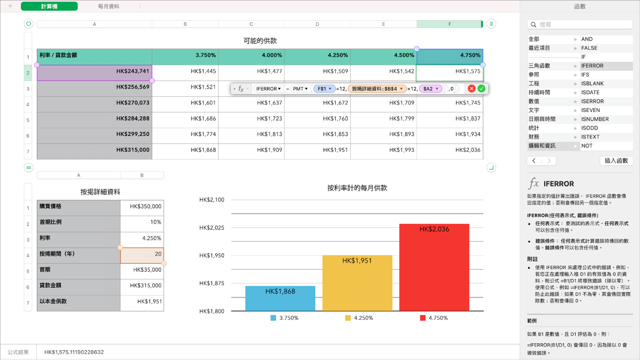 顯示籌款數字公式的試算表和「函數」側邊欄。