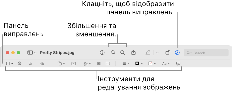 Панель «Виправлення» для редагування зображень.