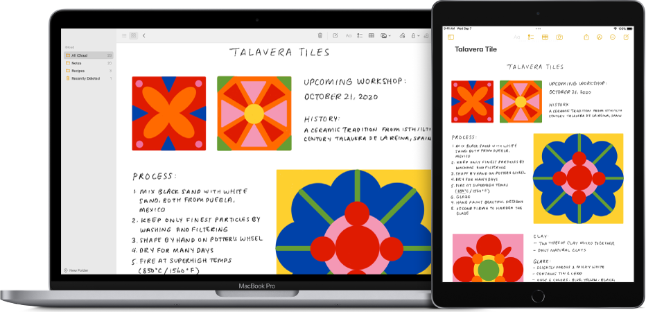 كمبيوتر Mac وجهاز iPad يعرضان الملاحظة ذاتها من iCloud.