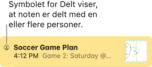 En note, der er blevet delt med andre, med symbolet for Delt til venstre for notens navn.