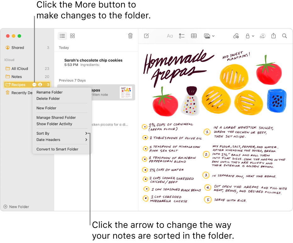 The Notes window with one folder in the sidebar showing the More button where you can make changes to a folder. Above the list of notes in the middle is the sort option, which changes the order of the notes — click the arrow to select a different sort order.