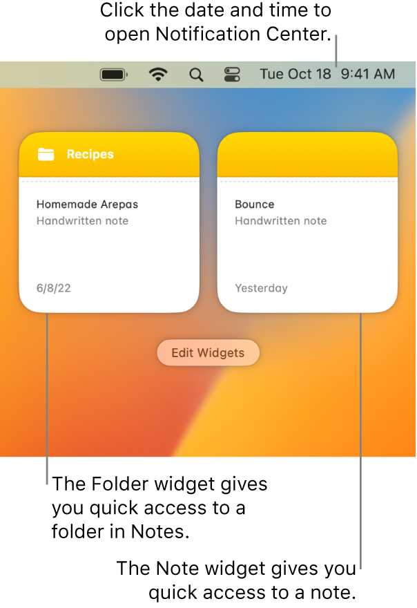 Two Notes widgets—the Folder widget shows a folder in Notes, and the Note widget shows a note. Click the date and time in the menu bar to open Notification Center.