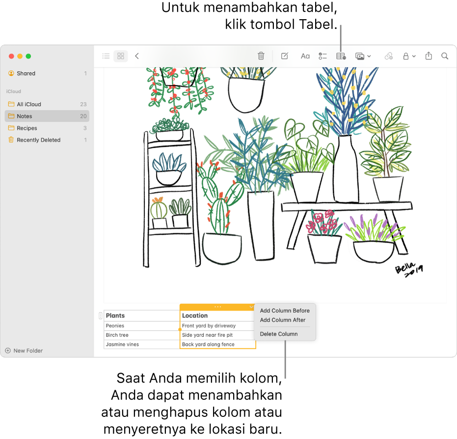 Jendela Catatan menampilkan tombol Tabel—klik jendela untuk menambahkan tabel. Dalam konten catatan, kolom tabel dipilih agar Anda dapat menambahkan atau menghapus kolom atau menyeretnya ke lokasi baru.