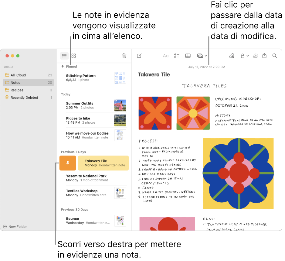 La finestra di Note, con l'elenco di note a sinistra, le note in evidenza in cima all'elenco e il pulsante per metterle in evidenza in corrispondenza di una nota. Il contenuto di quella nota appare sulla destra con la data in alto; fai clic sulla data per passare dalla data di creazione alla data di modifica.