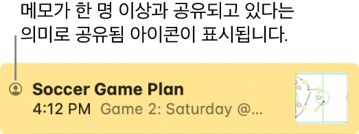 다른 사람들과 공유하고 있고 공유됨 아이콘이 메모 이름 옆에 있는 메모.