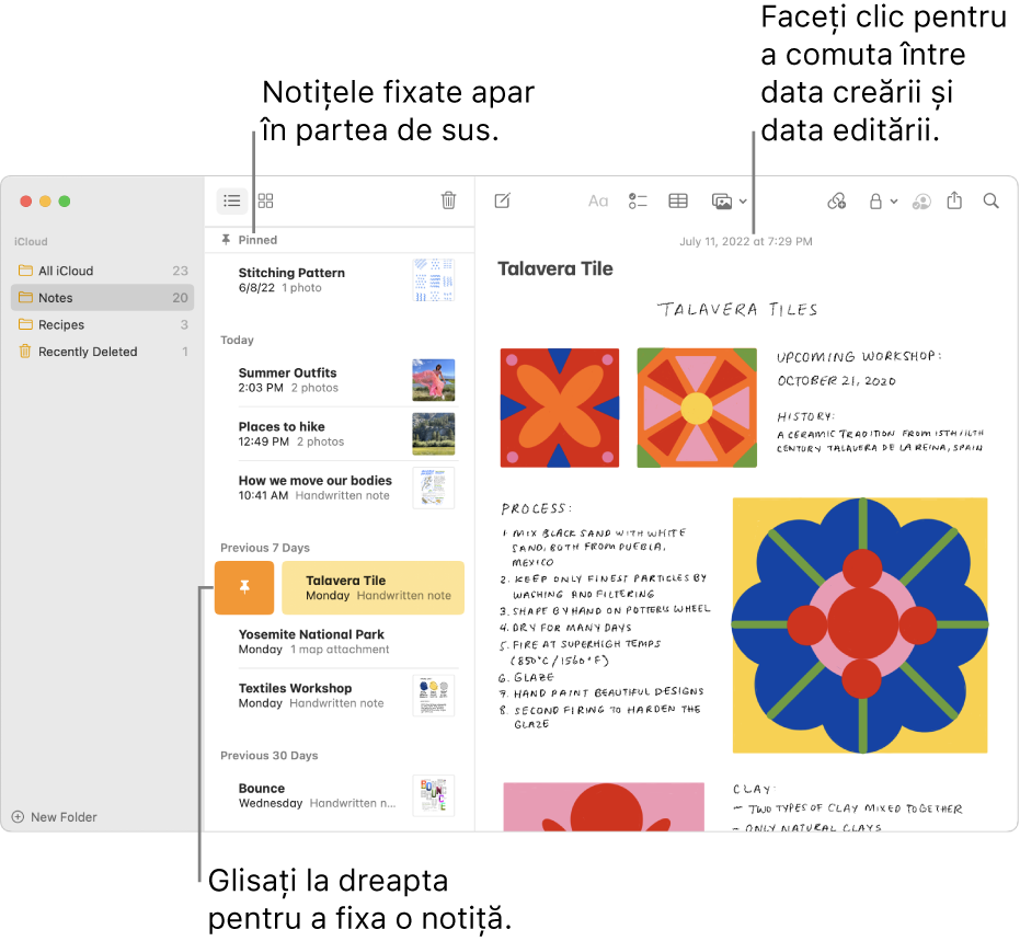 Fereastra aplicației Notițe cu lista de notițe în stânga, notițele fixate în partea de sus a listei de notițe și butonul Reper pe una dintre notițe. Conținutul notiței respective apare în partea dreaptă, cu data în partea de sus; faceți clic pe dată pentru a comuta între data creării și data editării.