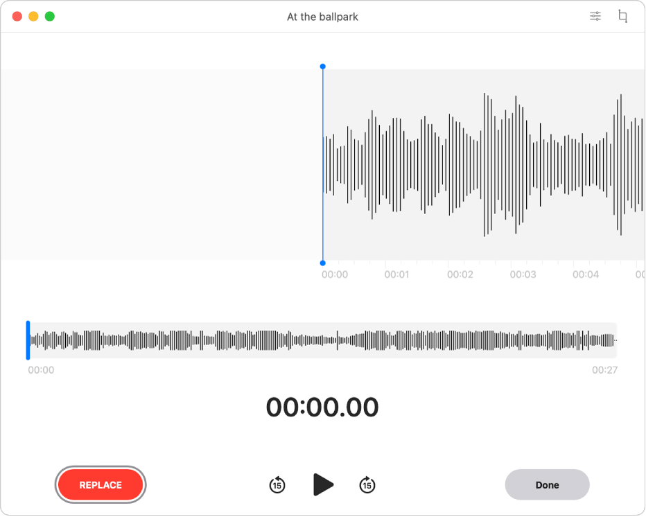 Un enregistrement Dictaphone. La tête de lecture est la ligne verticale bleue dans la partie inférieure de l’aperçu de la forme d’onde.