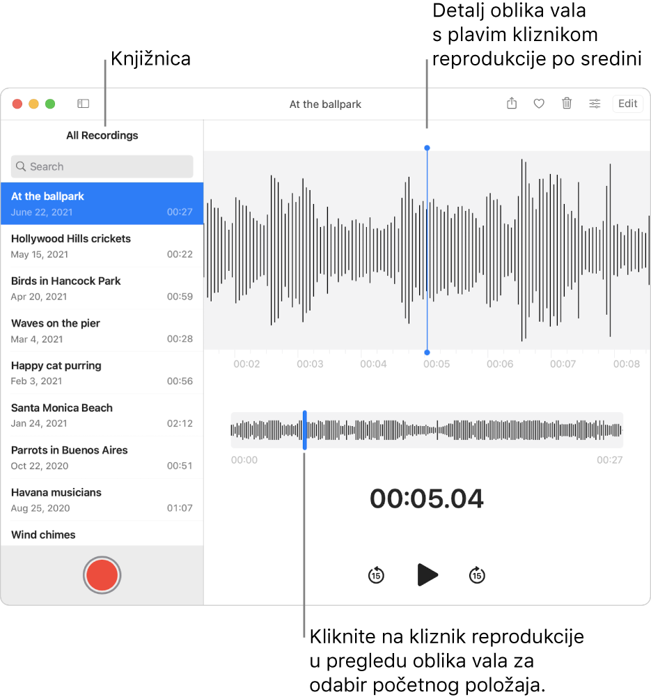 Aplikacija Diktafon s prikazom snimki u medijateci s lijeve strane. Odabrana snimka pojavljuje se u prozoru s desne strane popisa, kao detalj oblika vala s plavim kliznikom reprodukcije u sredini. Ispod snimke je pregled oblika vala.