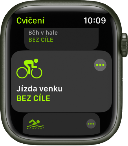 Obrazovka Cvičení se zvýrazněnou kategorií cvičení Venkovní cyklistika.