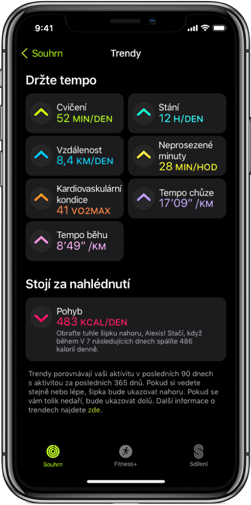 Panel Trendy v aplikaci Kondice na iPhonu. Pod záhlavím Trendy u horního okraje obrazovky se zobrazuje řada různých údajů, například Cvičení, Stání, Vzdálenost a další. Pod záhlavím Stojí za nahlédnutí se nachází položka Pohyb.