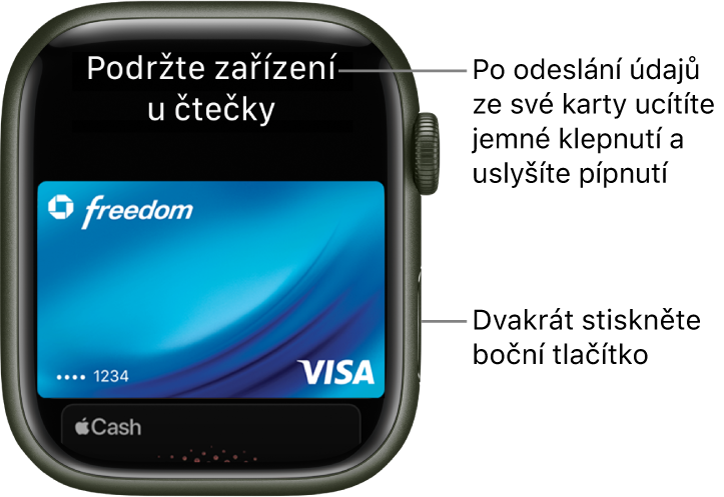 Obrazovka Apple Pay s textem „Podržte zařízení u čtečky“ v horní části; po odeslání údajů karty ucítíte jemné klepnutí a uslyšíte pípnutí