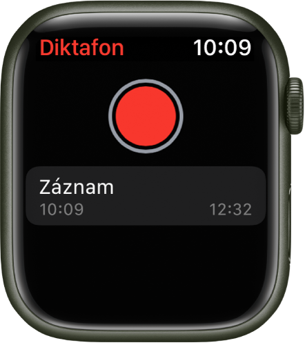 Obrazovka Diktafon na Apple Watch. U horního okraje je umístěné červené tlačítko Záznam. Pod ním se zobrazuje pořízená nahrávka. U nahrávky je uveden čas jejího pořízení a její délka.