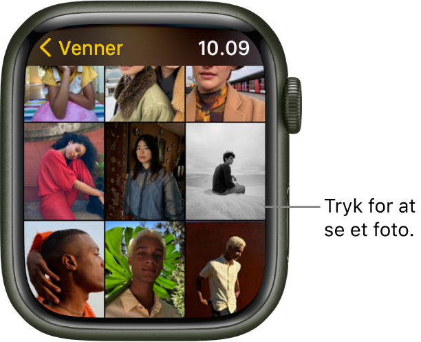 Hovedskærmen i appen Fotos på Apple Watch med flere fotos vist i et net.