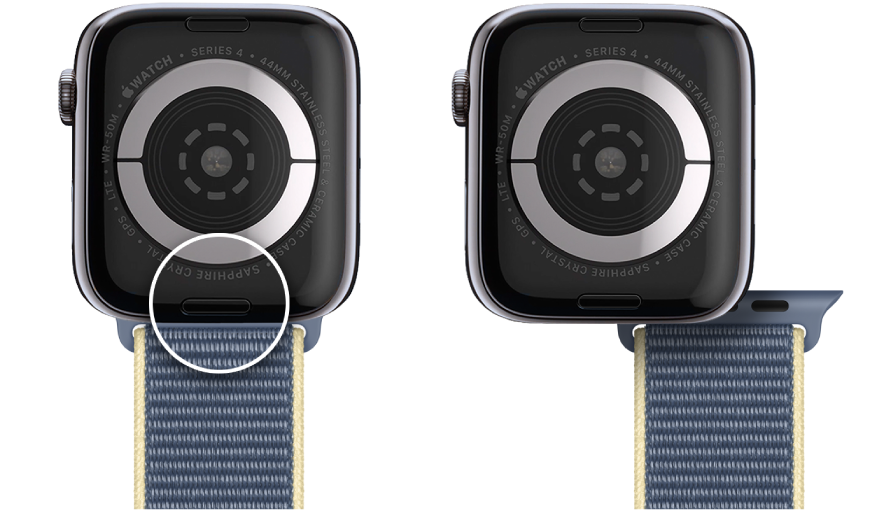 Two images of Apple Watch. The image on the left shows the band release button. The image on the right shows a watch band partially inserted into the band slot.