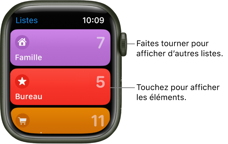 L’écran Listes de l’app Rappels affichant trois boutons de liste : Famille, Bureau et Shopping. Les chiffres sur la droite indiquent combien de rappels se trouvent dans chaque liste. Touchez une liste pour en afficher les éléments, ou faites tourner la Digital Crown pour afficher plus de listes.