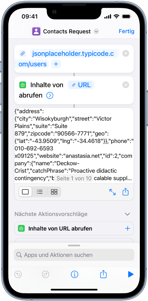 Ergebnisse des Kurzbefehls für die Typicode-API-Anforderung mit einer Liste von Benutzer:innen.