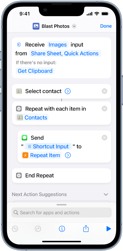 Example shortcut showing “Repeat” actions.