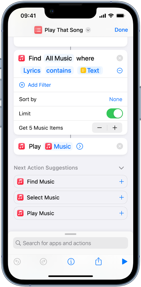 Ask Each Time variable replacing the Repeat parameters in the Play Music action in the shortcut editor.