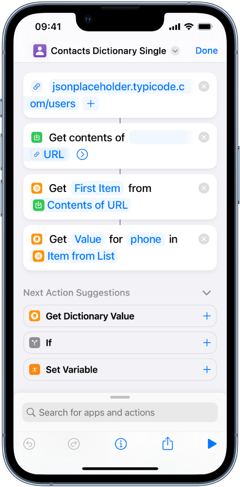 Get Dictionary Value action in the shortcut editor with the key set to phone.