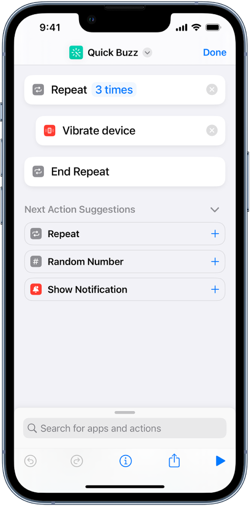 Vibrate Device action set to repeat three times.