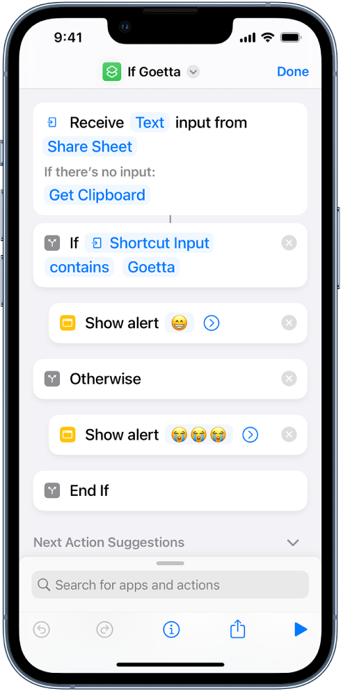 Example shortcut with “If” actions.