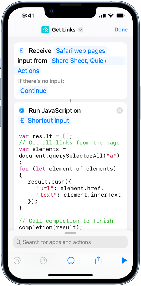 The Run JavaScript on Webpage action in the shortcut editor.