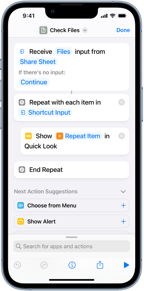 Quick look action in the shortcut editor.