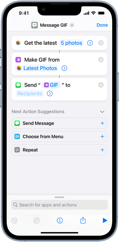 Shortcut editor showing actions used to send a message with photos as an animated GIF.