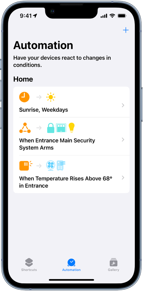 Home automation in the Shortcuts app.