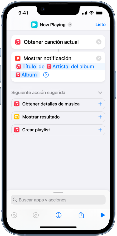 La acción "Mostrar notificación" en el editor de atajos y la alerta “Ahora suena de Música”, invocada por la acción "Mostrar notificación"