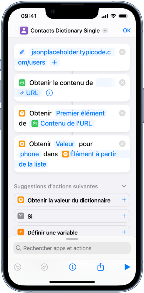 Clé de l’action Obtenir la valeur du dictionnaire dans l’éditeur de raccourcis réglée sur téléphone.