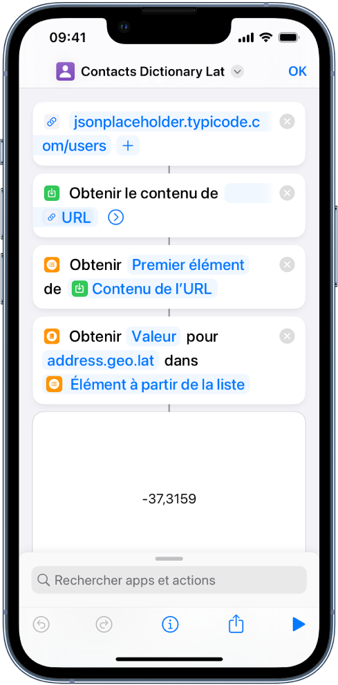 Clé de l’action Obtenir la valeur du dictionnaire dans l’éditeur de raccourcis réglée sur address.geo.lat.