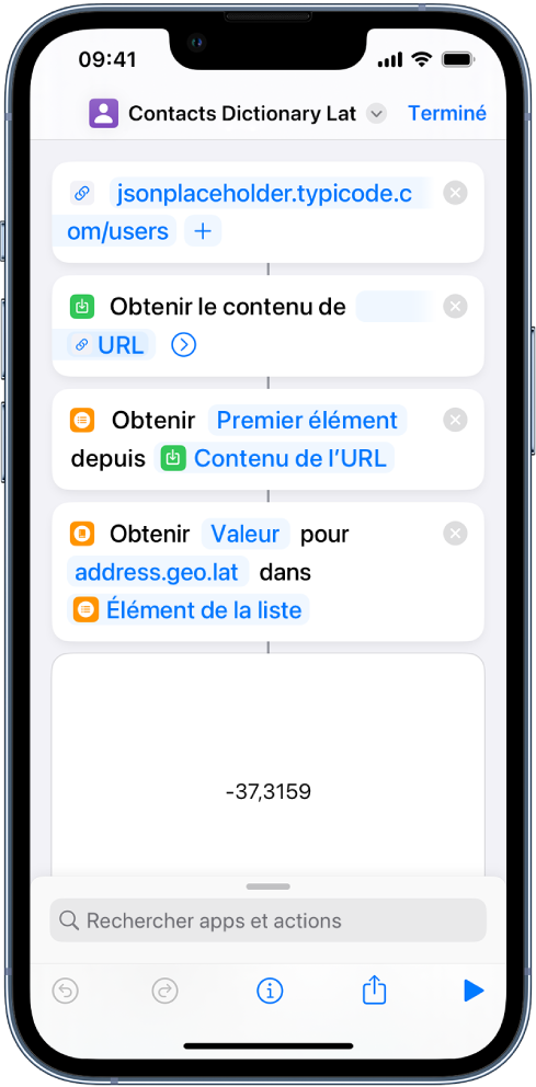 Action « Obtenir la valeur du dictionnaire » dans l’éditeur de raccourcis avec la clé définie sur « address.geo.lat ».