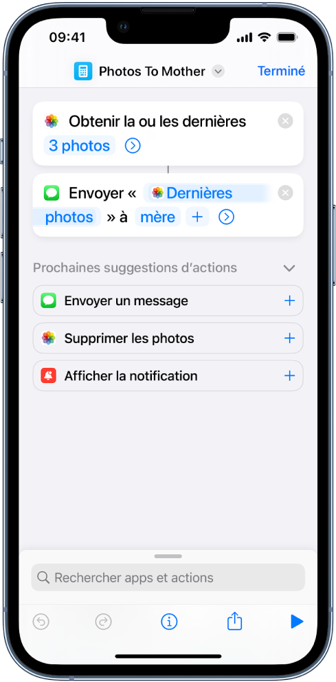 Un raccourci contenant l’action « Obtenir les dernières photos » et l’action « Envoyer le message ».