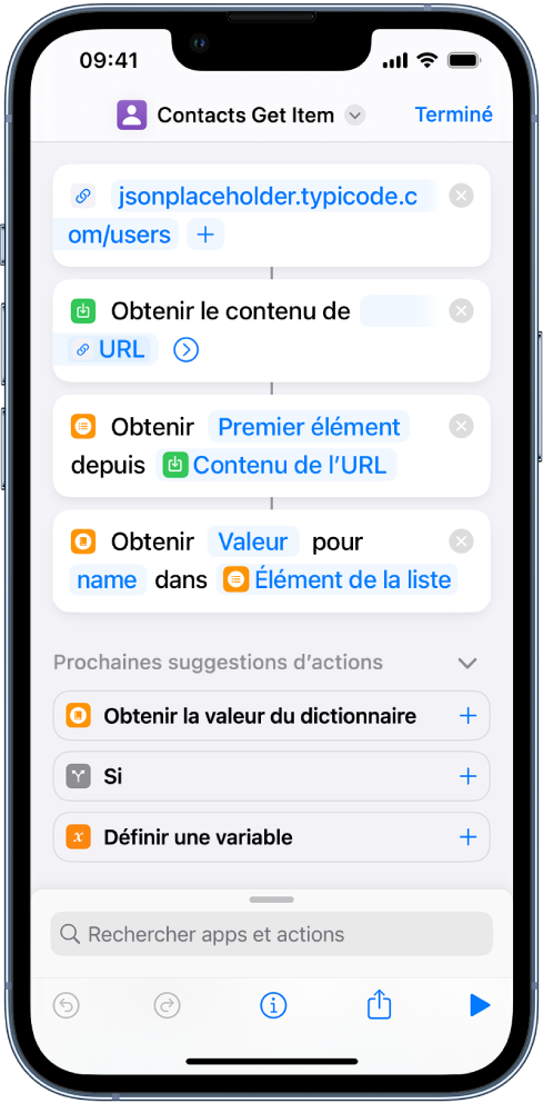 Action « Obtenir la valeur du dictionnaire » dans l’éditeur de raccourcis avec la clé définie sur « name ».