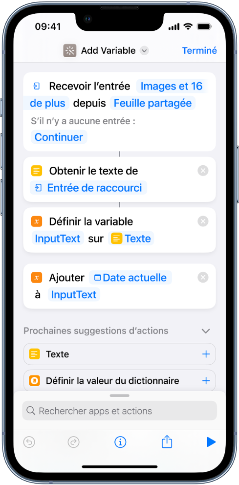 Actions Définir la variable et Ajouter à la variable dans l’éditeur de raccourci.