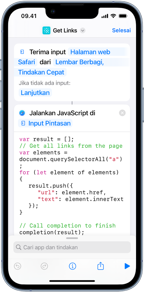 Tindakan Jalankan JavaScript di Halaman Web di editor pintasan.