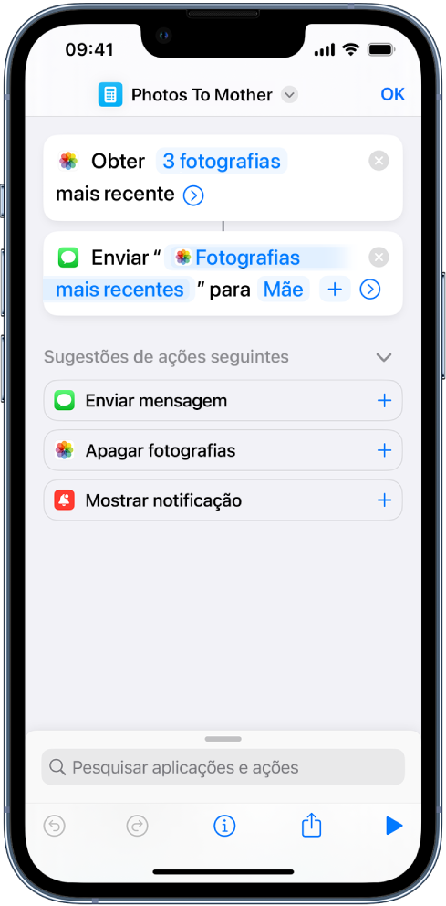 Atalho com uma ação “Obter fotografias mais recentes” e uma ação “Enviar mensagem“.