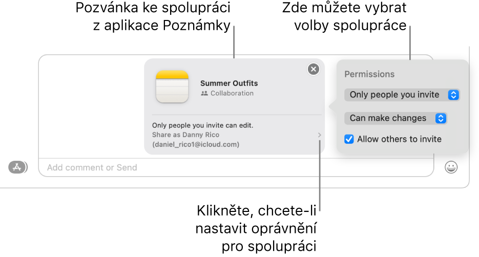 Detailní zobrazení pole textové zprávy na konci konverzace ve Zprávách Je v něm pozvánka ke spolupráci na poznámce Kliknete-li na pravou stranu pozvánky, můžete nastavit oprávnění pro spolupráci