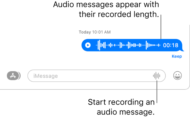 A Messages conversation, showing the Record Audio button next to the text field at the bottom of the window. An audio message appears with its recorded length in the conversation.