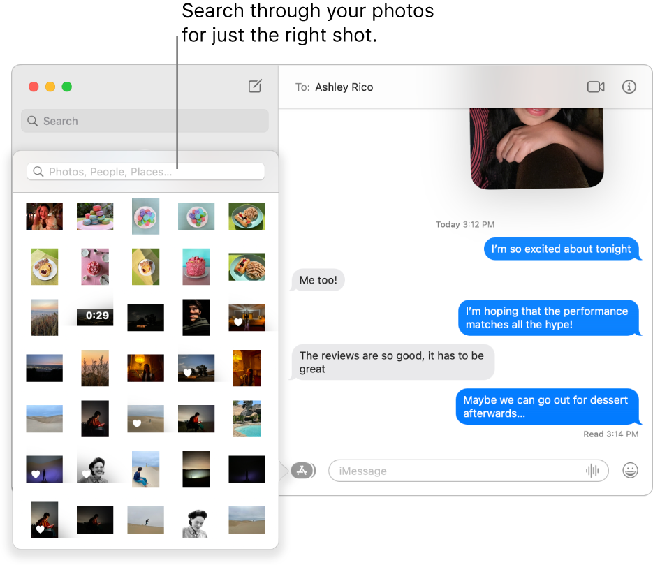 The Messages window with several conversations listed in the sidebar on the left, the search field for searching through your photos, and a conversation showing on the right.