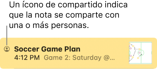 Una nota que se ha compartido con otras personas, con el ícono Compartido a la izquierda del nombre de la nota.