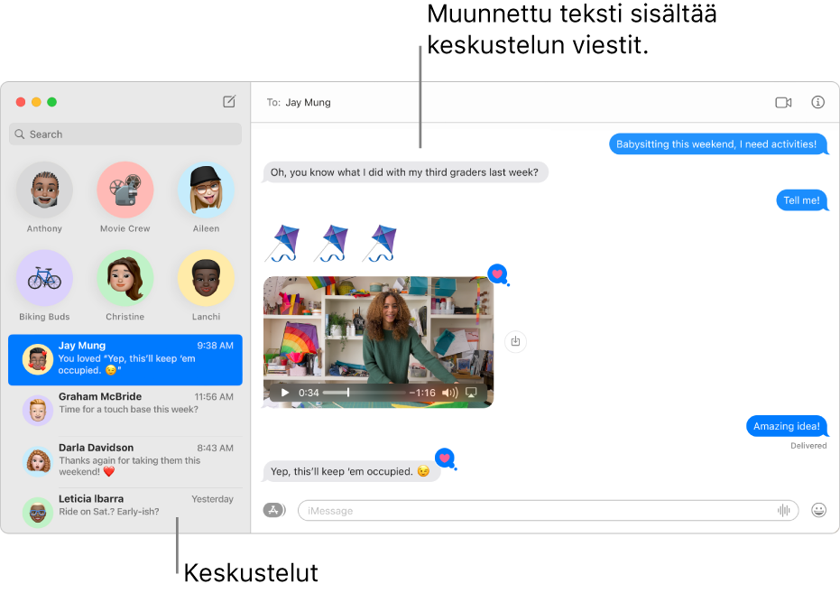 Viestit-ikkuna, jossa on keskusteluja sivupalkissa ja viestejä sisältävä keskustelun teksti.