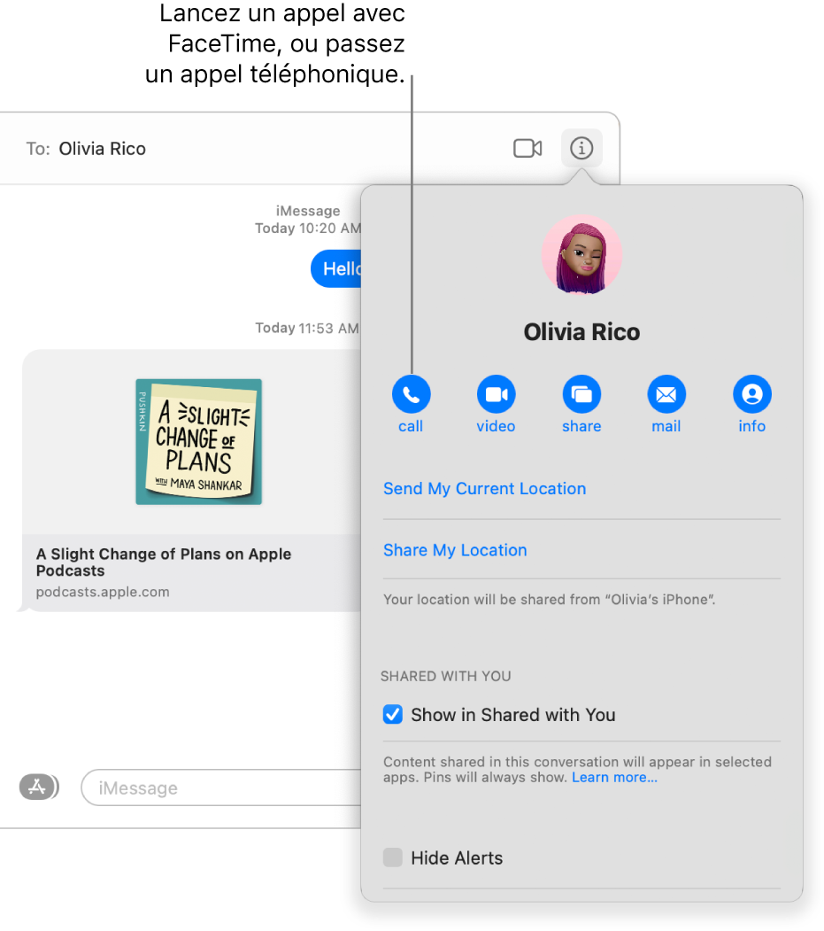 La présentation Détails qui s’affiche après que vous avez cliqué sur le bouton Détails dans une conversation. Utiliser le bouton Appeler situé à gauche pour passer un appel audio avec FaceTime ou pour passer un appel téléphonique.